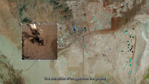 A satellite image of a mine in a dry landscape, with an inset square image of a mechanical digger scooping into dust and caption text on the main image that reads 